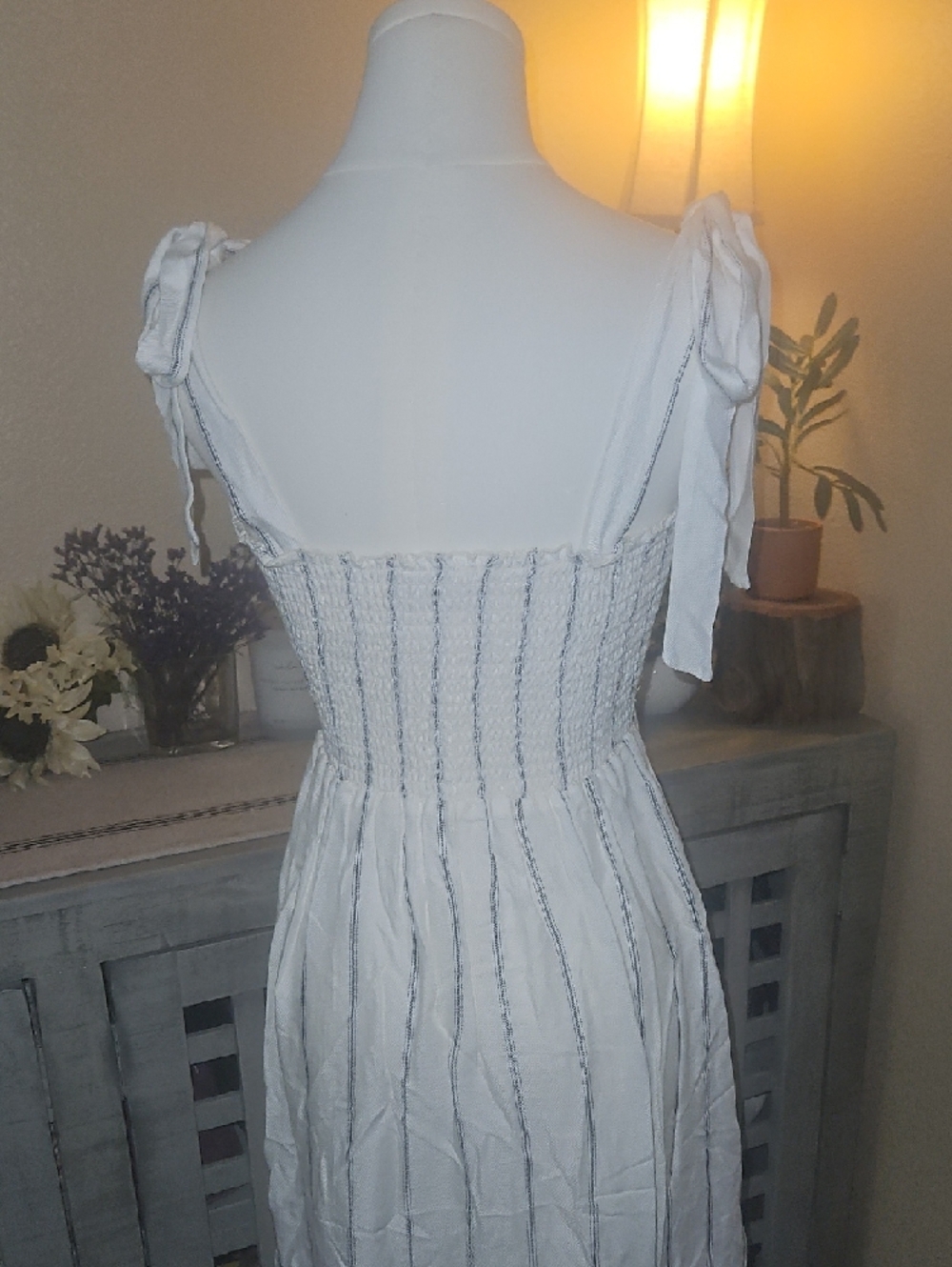 Show Me Your MuMu White Dress with Blue Pinstripes and Tie Shoulders - Picture 2 of 6